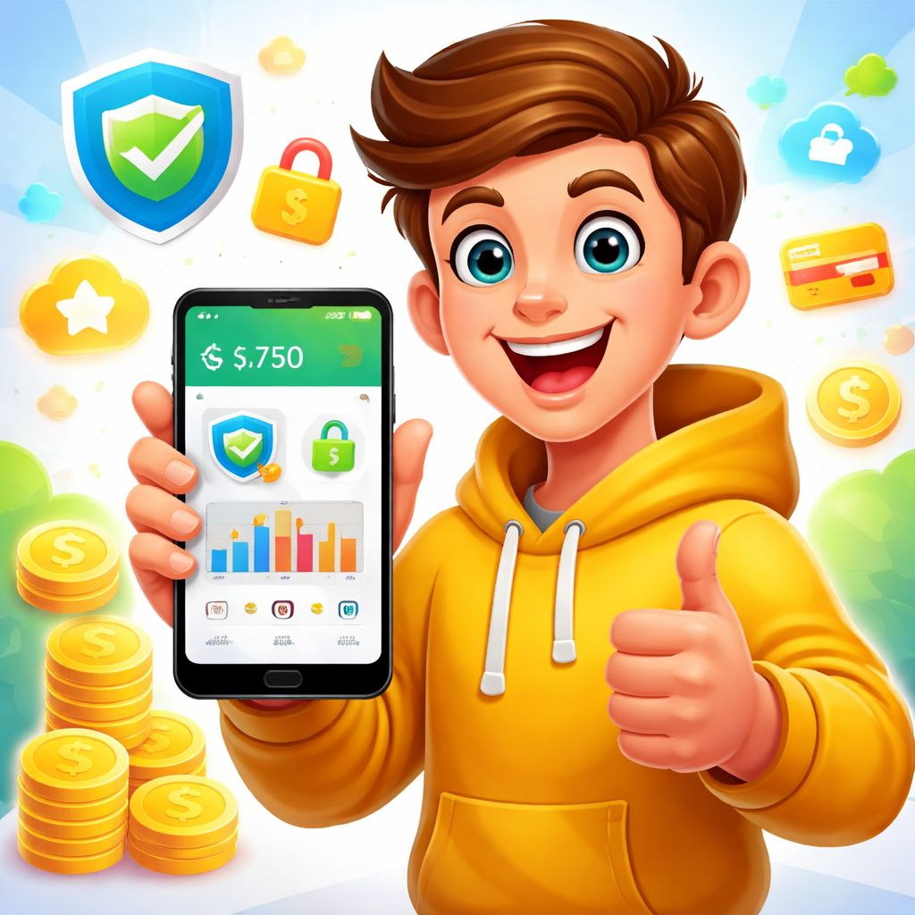 555TK app themed cartoon character using an Android phone with bright interface elements