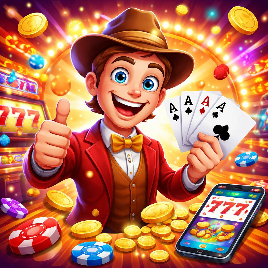 555TK Casino themed cartoon characters with chips, cards, and coins